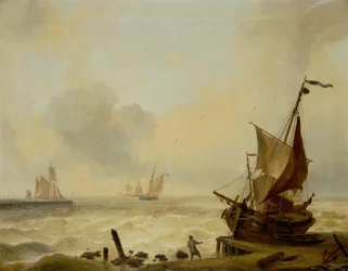 Pequeños botes luchando en un fuerte oleaje en la boca del puerto
